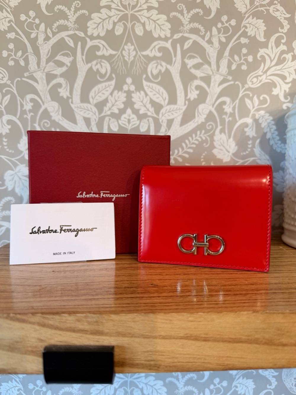 Salvatore Ferragamo Compact Wallet in Flame Red Calf Leather w/ Tags and Box
